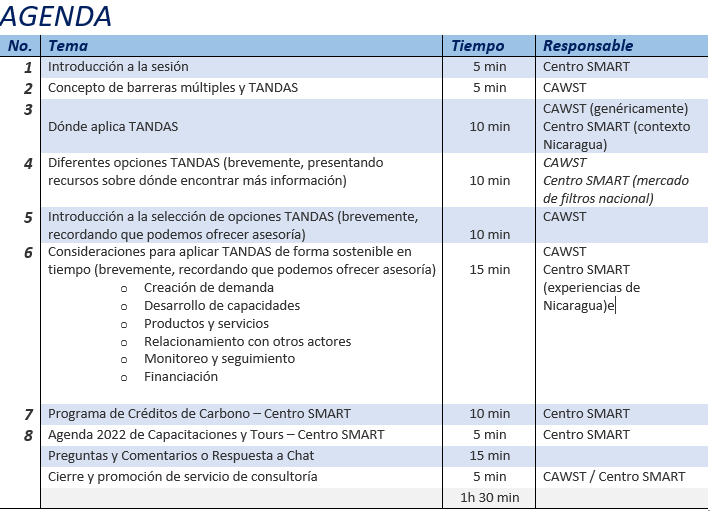 Agenda webinario de seguimiento TANDAS